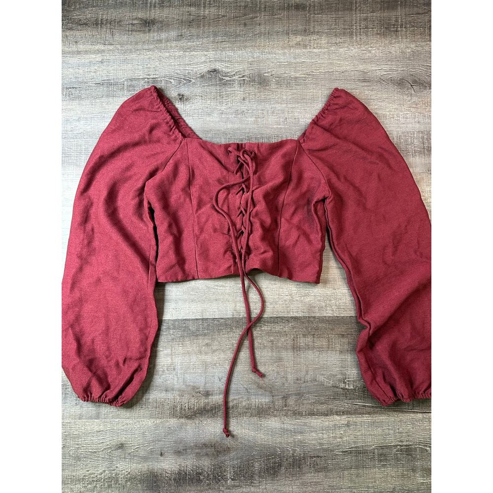 Kirious LA Burgundy Ribbed Lace-Up Crop Top Smocked Peasant Blouse Large - Picture 12 of 16
